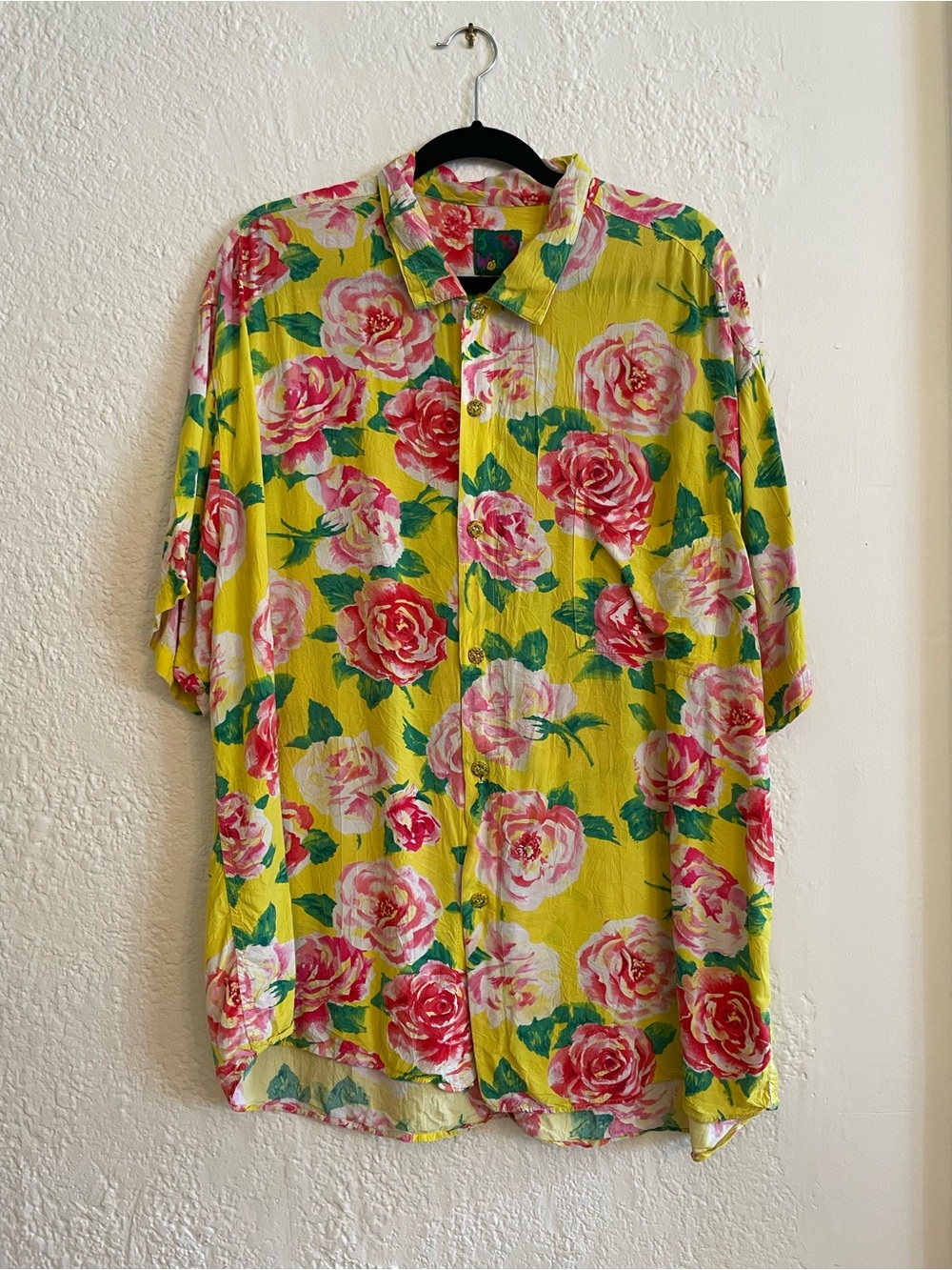 Vintage Jams World Hawaiian Shirt "La Rosa" Yellow Pink Rose Floral Mens XXL USA